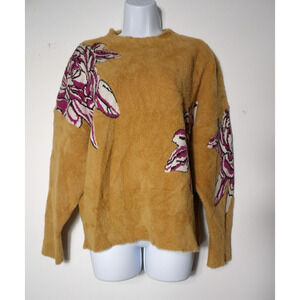 See And Be Seen Fuzzy Sweater M/L Brown Flower Abstract Artsy Pullover Soft